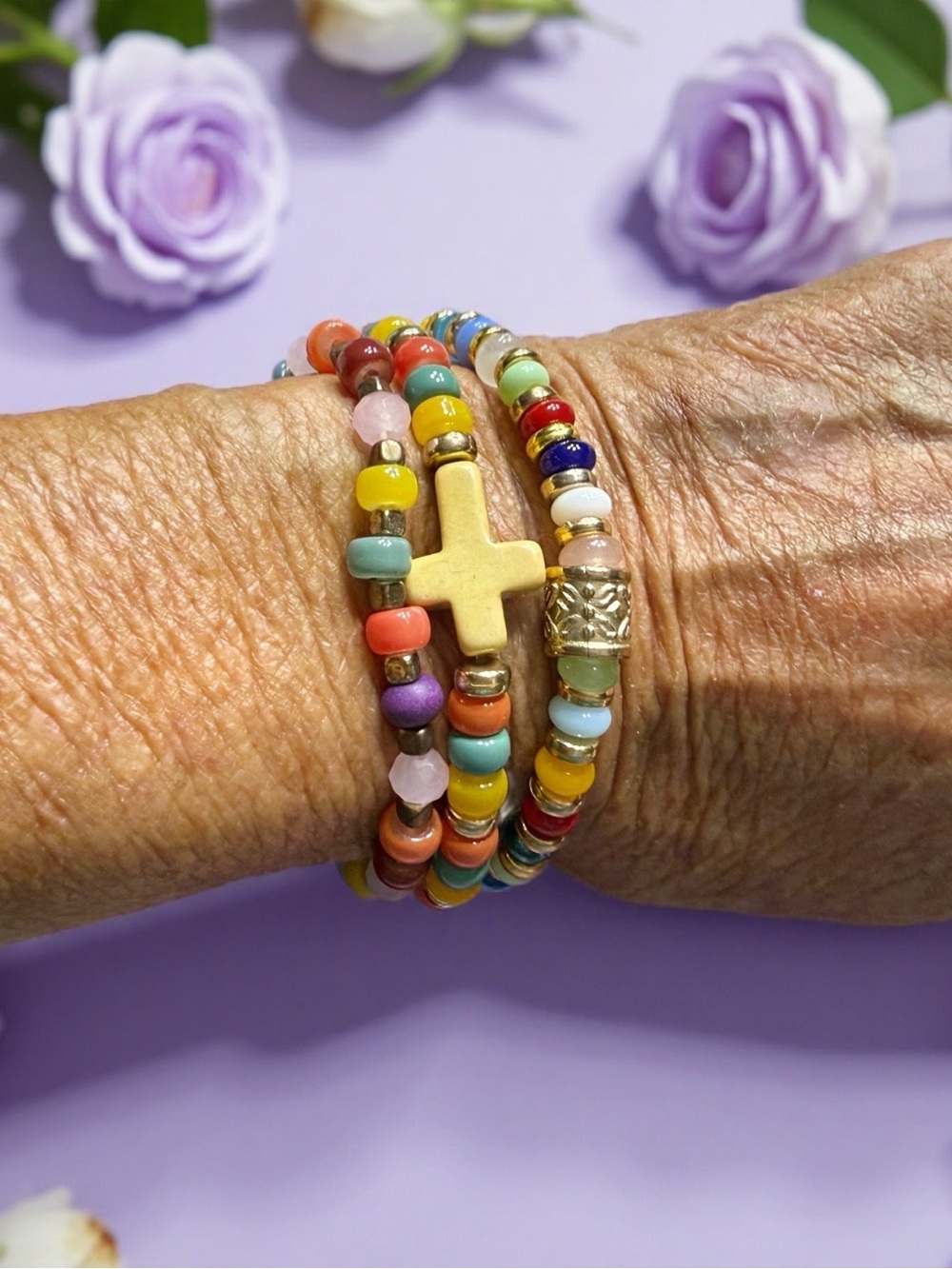 Hand Crafted Multicolor Beaded Bracelet Set with Yellow Cross